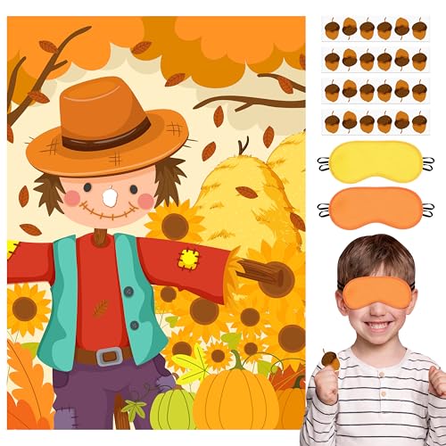 EmmgHen Fall Themed Pin the Nose On the Scarecrow Party Game Poster with 24 Pcs Acorn Stickers Fun Autumn Harvest Party Activity Decorations Supplies for Thanksgiving Halloween Fall Festivals Birthday
