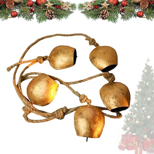 BELLUXE Harmony 5 Cow Bells Cluster on Rope - Large Rustic Vintage Lucky Cow Bells On Rope Wall Hanging Decor