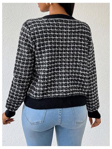 MakeMeChic Women's Plaid Print Crew Neck Button Down Long Sleeve Cardigan Sweater2