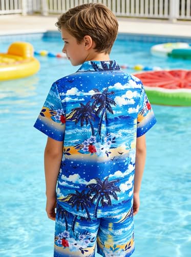 Image of UNICOMIDEA Boys Hawaiian Outfits Tropical Print Button Down Shirt + Swim Trunks 2 Piece Sets for 5-12T Kids
