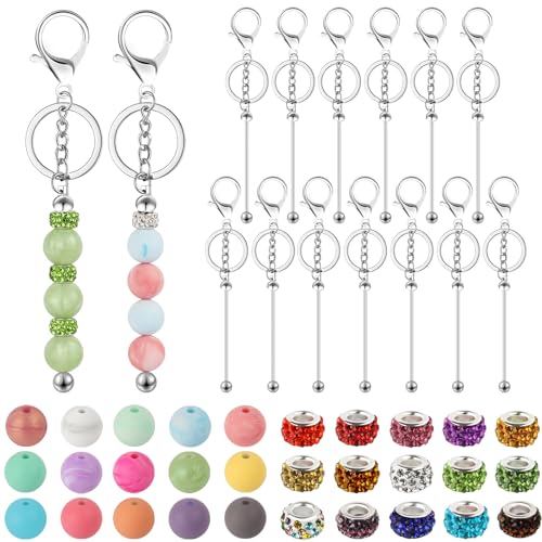 CXIIPOL 105 Pcs Beadable Keychains Set Bulk Beadable Keychains Bars DIY Blank Keychain Metal Beaded Keychain with Bars Silicone Beads Spacer Beads