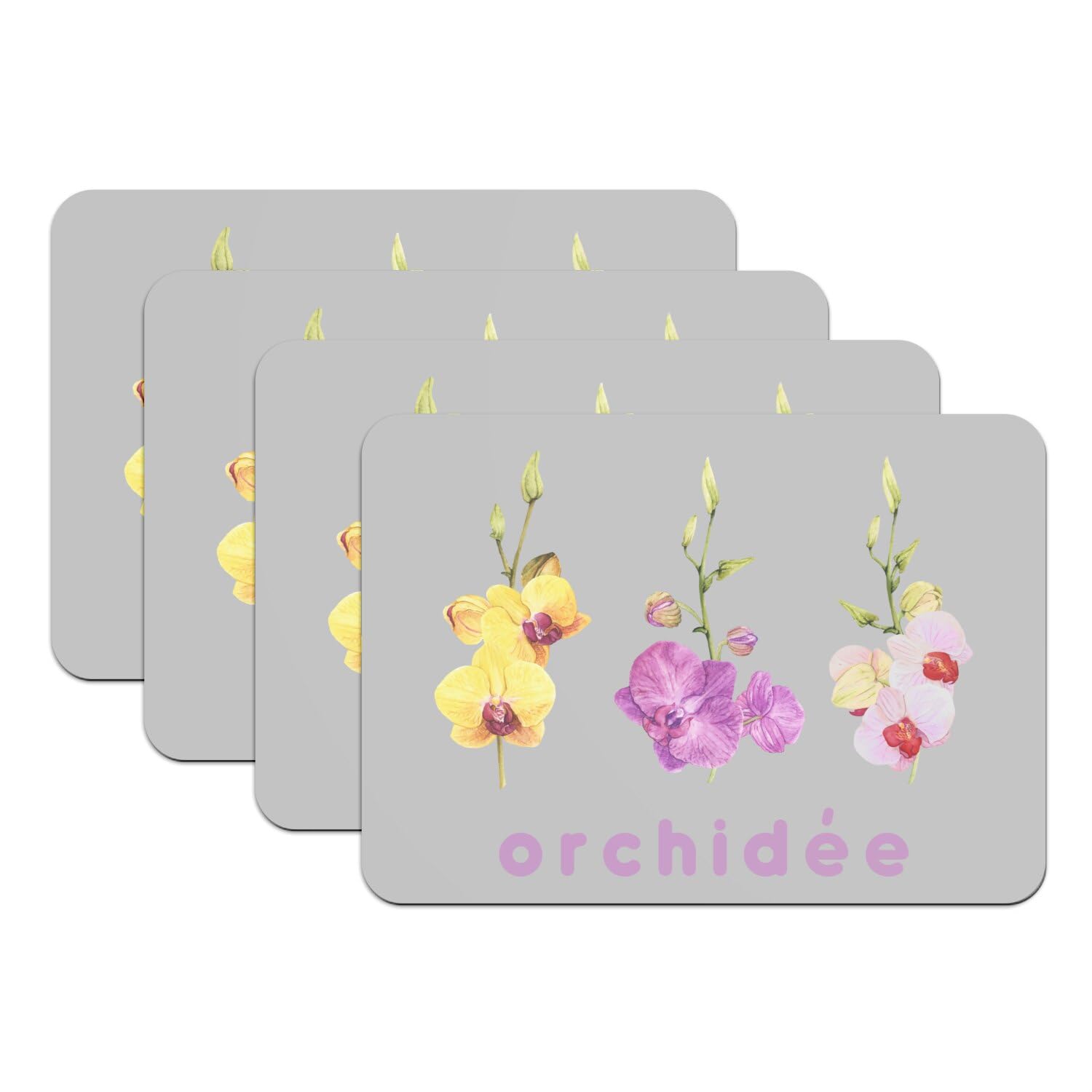 Sets de table dessous en caoutchouc gris orchidée fleurs aquarelle 4 pcs