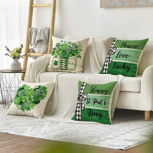 Housses de coussin motif à rayures trèfle vert pour canapé 4 pièces