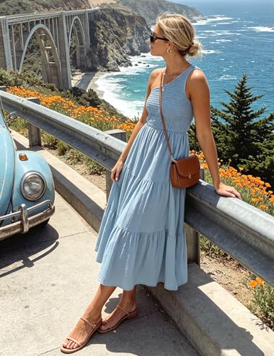 Image of ZESICA Women's 2026 Bohemian Summer Floral Print One Shoulder Sleeveless Smocked Ruffle Tiered Beach Long Midi Dress