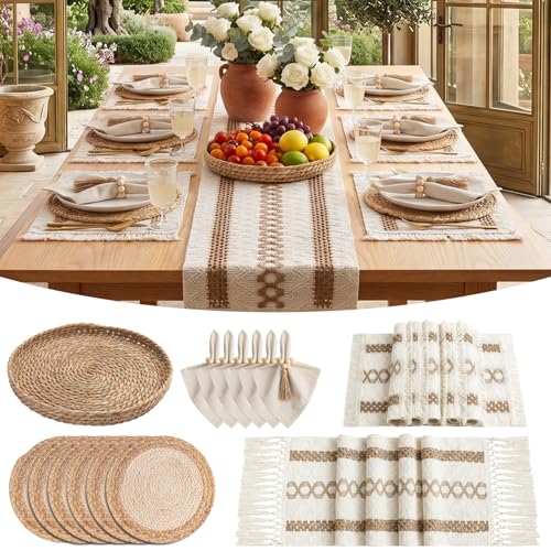 Boho Kitchen Decoration Placemats Set with Khaki Spiral Lattice Pattern, Round Woven Placemats, Cloth Napkins, Wood Bead Rings, Long Table Runner and Rattan Basket for Farmhouse Table (26 Pcs)