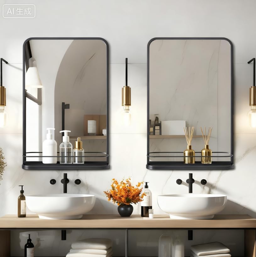 bathroom mirror with shelf for shaving,19.7x29.9 inch wall-mounted rectangle metal mirror with storage, matte black vanity mirror with rounded corners for over sink, decor(black/19.7x29.9 in) black 19.7"l x 29.9"w