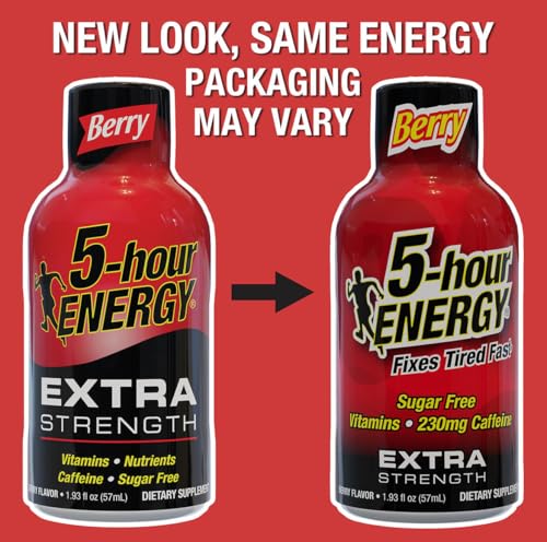 5-hour ENERGY Shots Extra Strength, Berry Flavor, 30 Count, 1.93 Fl Oz, Sugar Free, Zero Calories, Amino Acids and Essential B Vitamins, Dietary Supplement, Feel Alert and Energized, 230 mg Caffeine