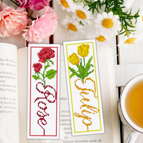 Image of BEUNITONE 6 PCS Cross Stitch Bookmark Kit for Adults Beginners,Text and Flowers Pre-Printed Cross Stitch,DIY Stamped Embroidery Bookmark Kits,with Instructions,Craft Kit for Book Lovers 8.5''x3''
