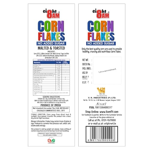 Image of 8AM Corn Flakes 500 Gram, No Added Sugar, 97% Corn, 99% Fat Free, No Cholesterol, Trans Fat, Artificial Additives, Vitamins B1, B2, B3, B6, B9, Iron, Calcium, Breakfast Cereal