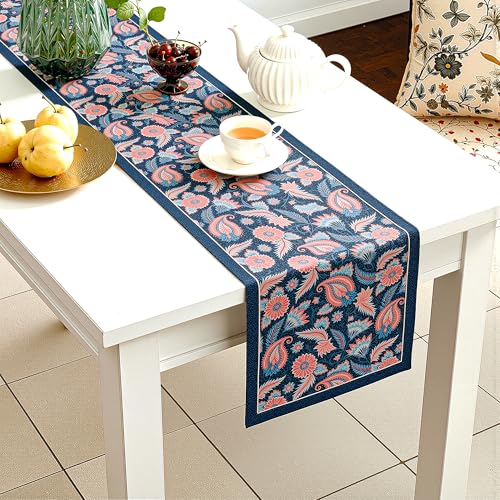 Image of Heart Home Velvet 13x72 Inch Table Runner for Home Decor | 6 Seater Dining Table Place Mat Elegant Soft Feel /Machine Washable | Pyramid 1235 - Navy Blue