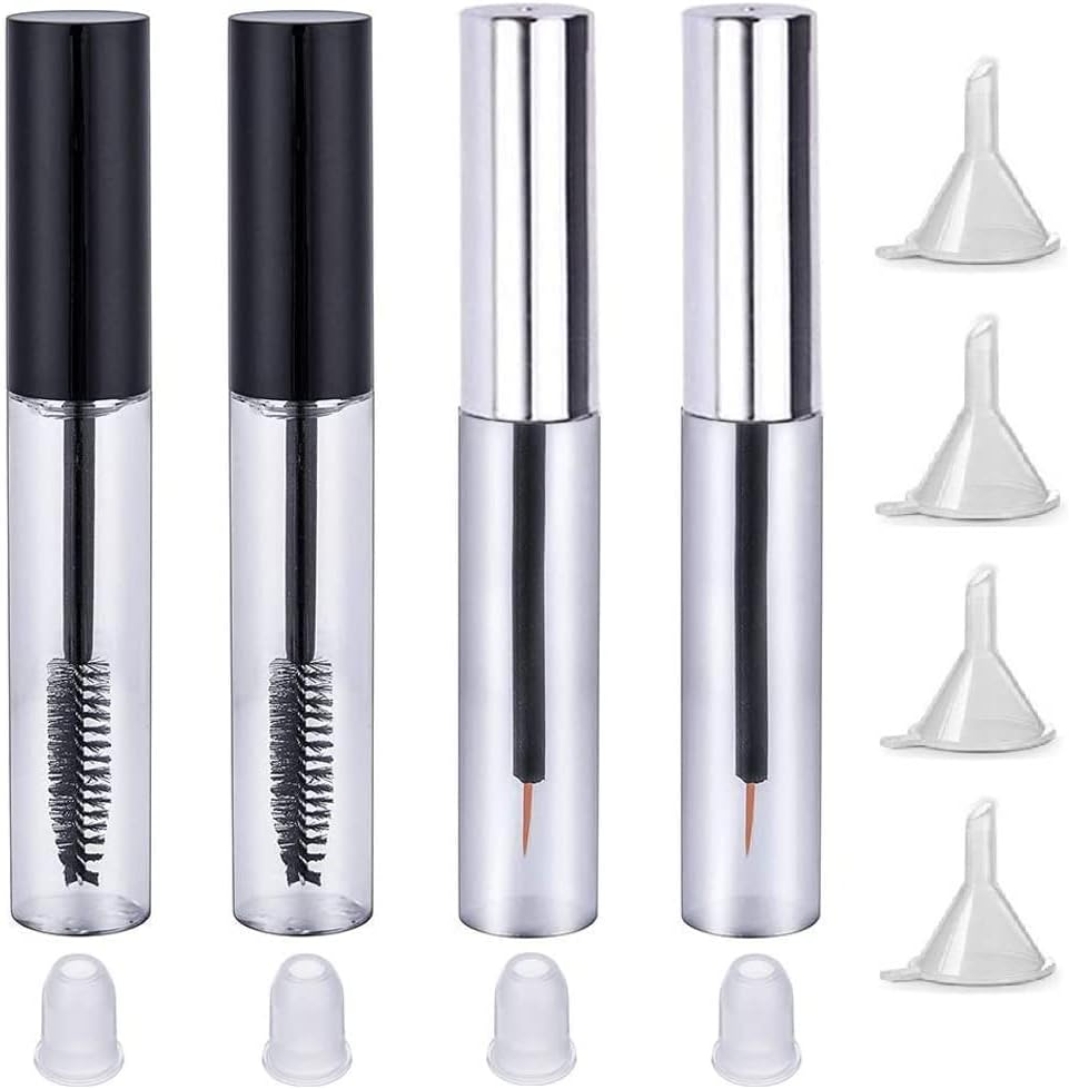 04 Pcs -10 ml Empty Tube with Funnels and Inserts Contains 2 Pc Silver Cap Eyeliner and 2 Pc Black Cap Mascara Tubes for Castor Oil DIY