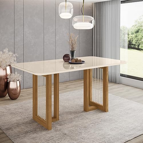 Mesa de Jantar com Tampo MDF e Vidro com Canto Arredondado 160 Cm Yara Henn