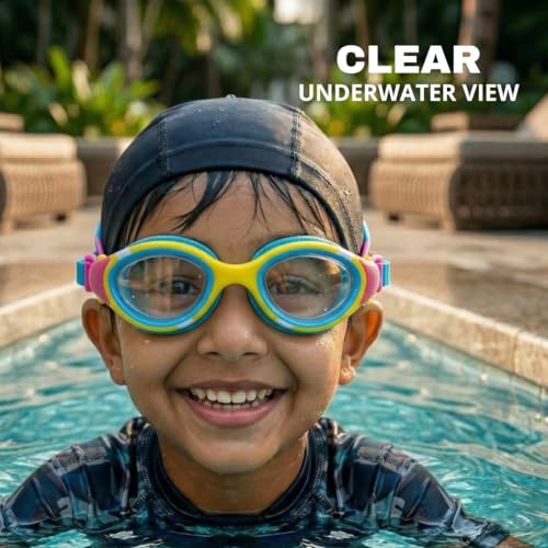 Image of BURNLAB Swimming Goggles for Kids, Clear Vision Pool Goggles for Boys & Girls, Easy Adjustable Strap (Blue and Yellow)
