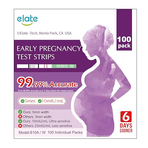 Image of Elate Pregnancy Test Strips 100 Count, Early Detection HCG Test, 10 MIU /ml High Sensitivity, 99.99% Accurate Results, 6 Days Sooner, Easy to Use Home Pregnancy Test