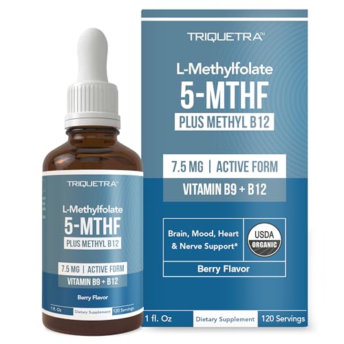 Organic L Methylfolate 7.5 mg Plus Methyl B12 Cofactor - Metabolically Active 5-MTHF Form Superior Form of Folate - Organic Berry Flavor Liquid Sublingual Form Mood Cognition Methylation (1oz)