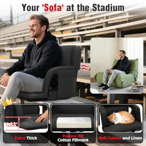 Image of Suteck Wide Stadium Seats with Back Support, Portable Sofa Style Bleacher Chair with Back and Cushion, Armrest, 6 Reclining Positions Backpack Stadium Chair for Sports Events 23-Inch Wide