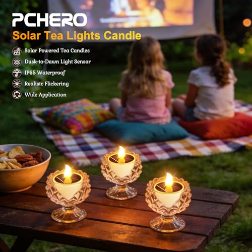 Image of PChero Solar Tea Lights, Rechargeable Outdoor Flameless Candles, 6 Pack | IP65 Waterproof, Dusk to Dawn Sensor, Warm Flickering Glow, Fits Lanterns, Patio, Garden, Camping & Window Decor