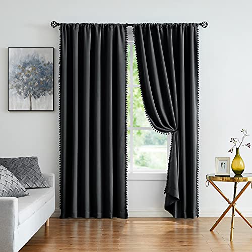 Image of Treatmentex Pom Pom Blackout Curtains Black 45 inch Half Window Curtain Set for Small Window Basement Laundry Short Drapes 2Panels Rod Pocket