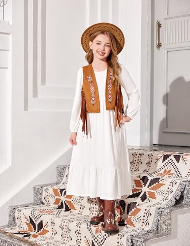 Image of Arshiner Girls Maxi Dresses Lantern Long Sleeve Casual Holiday Dress with Pockets for 5-14 Y