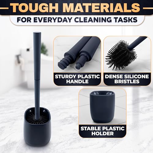Image of Toilet Brush and Holder Set - Silicone Toilet Bowl Brush with Black Holder Base, Compact Bath Accessory for Small Spaces - Easy to Place and Simple to Store After Use, Plastic Bathroom Cleaning Tool