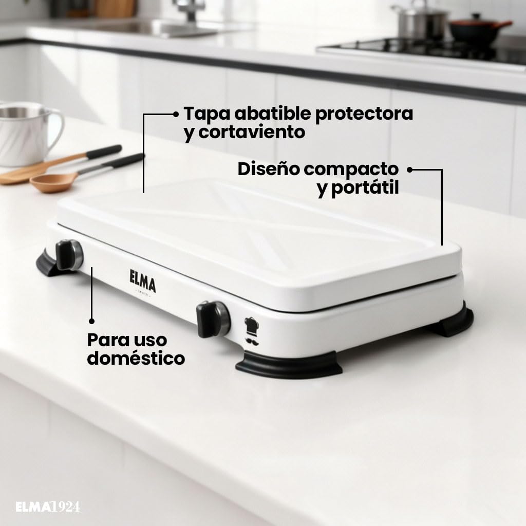 ELMA Cocina a Gas Portátil 2 Fuegos – Compacta y Ligera, Ideal para Camping, Caravanas y Uso en Casa | Compatible con Gas Butano y Propano, Incluye Instrucciones de Montaje | 58 x 28 x 5,5 cm