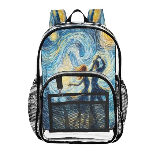 Couple Dancing Sky Watercolor Clear Backpack Heavy Duty See Through Transparent PVC BookBag for Kids Boy Girl School Work