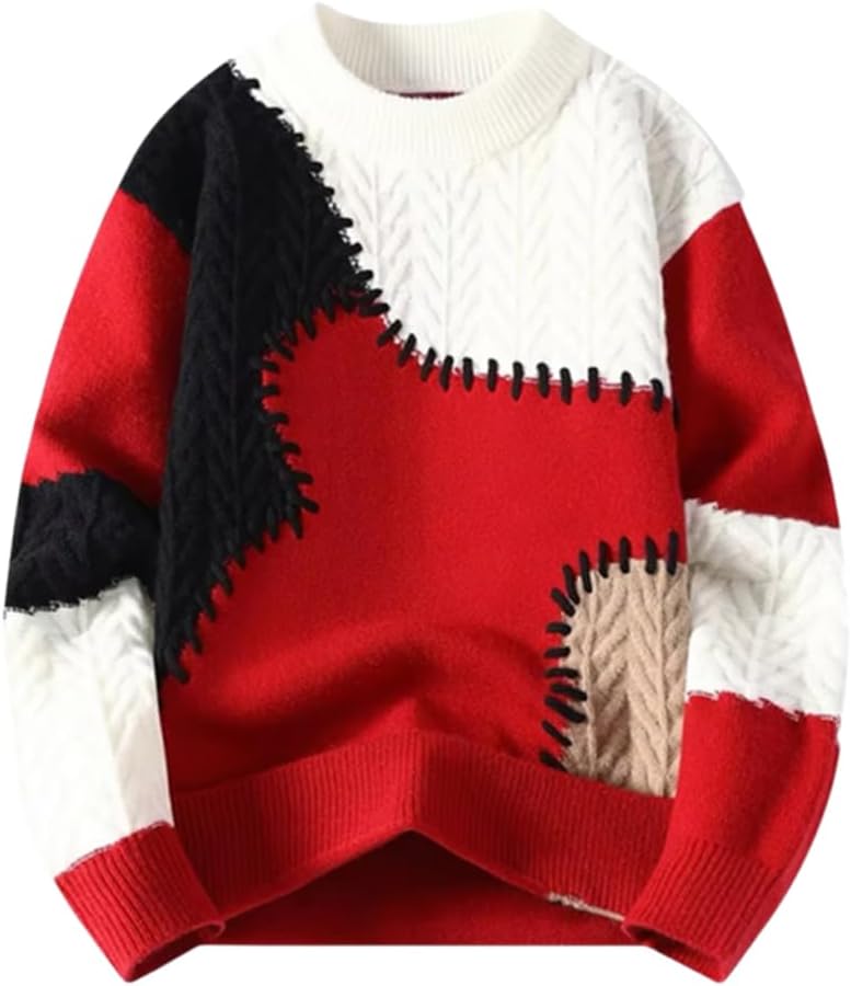 Lunoakvo Men Patchwork Knit Pullovers Casual Colorblock Cable Knitted Thick Warm Loose Sweater Pullover