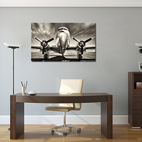 Klvos - Black And White Wall Art Large Turbine Fighter Aircraft On A Runway Antique Airplane Pictures Print On Canvas Modern Home Decor Framed For Office Ready To Hang (Vintage Aircraft, 24"X40") #TOP2