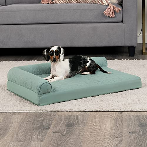 Image of Furhaven Cooling Gel Dog Bed for Medium /Small Dogs w / Removable Bolsters & Washable Cover, For Dogs Up to 35 lbs - Pinsonic Quilted Paw L Shaped Chaise - Iceberg Green, Medium