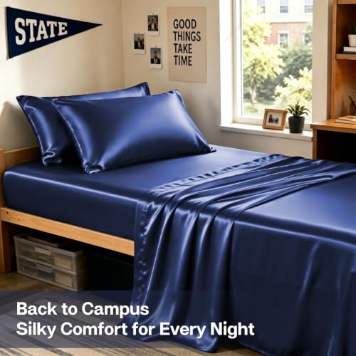 Image of MR&HM Satin Pillowcase for Hair and Skin, Silk Satin Pillowcase 2 Pack, Standard Size Pillow Cases Set of 2, Silky Pillow Cover with Envelope Closure (20x26, Navy Blue)