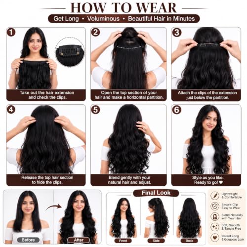 Image of Women Hair Extension Long Curly Wavy Black 16 Inches Hairpiece With 5 BB Clip /Hair Extension for Women Party /Halloween /Christmas