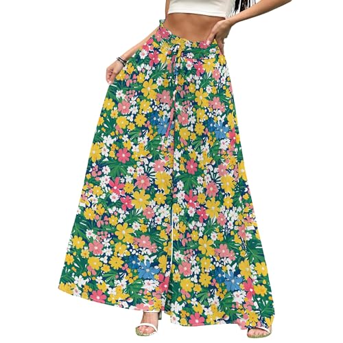 LOAIHA Womens Casual Boho High Waist Wide Leg Pants Loose Flowy Summer Adjustable Drawstring Wide Leg Pants with Pockets