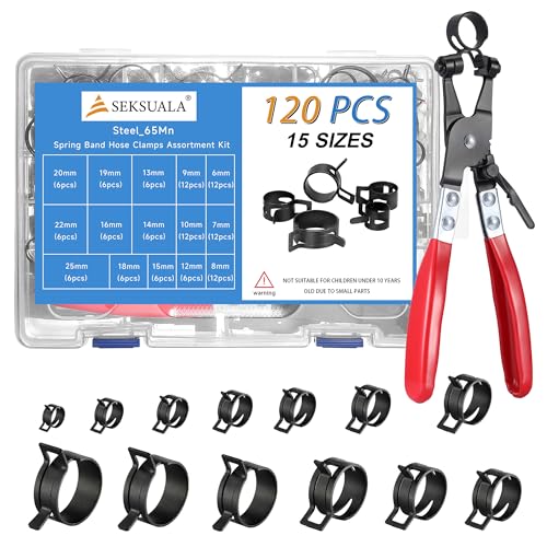 120Pcs 1/4 to 1 (6-25mm) Spring Hose Clamps Set with Swivel Flat Plier Constant Tension Steel Clamps for Fuel Lines Silicone Vacuum Cooling & Industrial Hoses