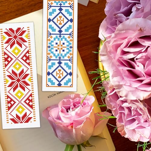 Image of BEUNITONE 6 Pcs Vintage Cross Stitch Bookmark Kits for Beginner with Backing Felt Floss Instructions, Handmade Bookmarks DIY Stamped Craft Embroidery Kits for Adults, Book Lovers 8.5''x3''