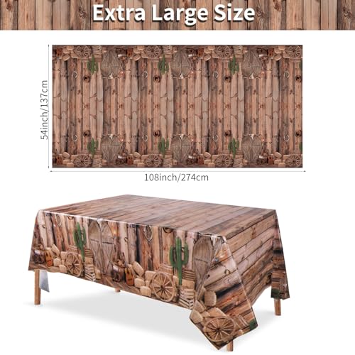 Image of 3 Pack Western Party Tablecloths, 54 x 108 Inch Disposable Plastic Western Cowboy Table Cover for Rustic Farmhouse, West Wooden House, Western Theme Birthday Decorations Outdoor Indoor Party Supplies