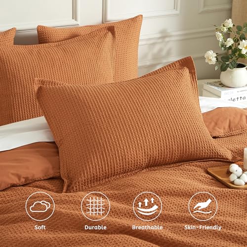 SE SOFTEXLY Waffle Duvet Cover King, 100% Cotton Waffle Weave Bedding Duvet Cover Set, Soft and Breathable Comforter Cover for All Season, 3 Pieces Including Pillow Shams(Terra Cotta, 104”x90”)
