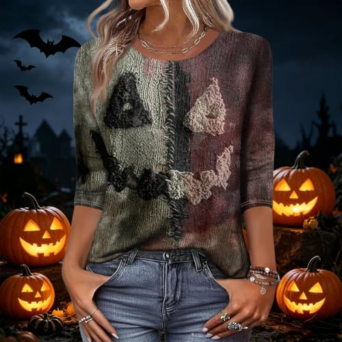 Image of Women Spooky Halloween Graphic Shirt 3 /4 Length Sleeve Crewneck Top | Halloween Funny Printed Pumpkin Plus Size Tshirts 2026 Fall Outfits Skeleton Tee Going Out Tops
