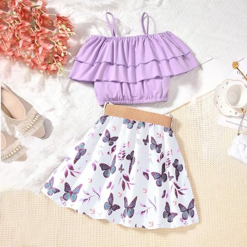 Image of Girl's 2 Pieces Outfits Spaghetti Purple Layered Crop Top and Butterfly Print Skirt Set with Belt 7-13 Years