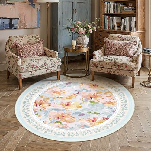 5x5 Washable Area Rug Blue Living Room Bedroom Floral Throw Rug Abstract Modern Non Slip Soft Low Pile Carpet for Dining Room Office Nursery Indoor 5'