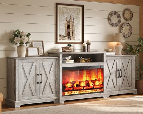 Image of AMERLIFE 97 inch Large Fireplace TV Stand for TVs up to 110 inch, Farmhouse Entertainment Center with 33 inch Electric Fireplace, Media Console with Storage Cabinets & Adjustable Shelf, Light Grey