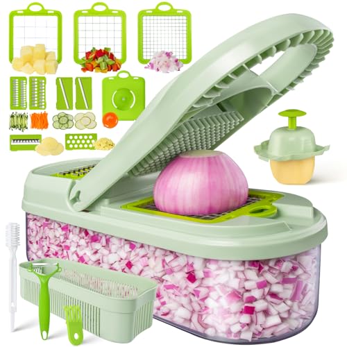 Bemece Vegetable Chopper, Multifunctional Vegetable Salad Chopper, Mandoline Vegetable Slicer with 9 Blades for Kitchen, Cooking & Meal Prep (17 in 1-Green)