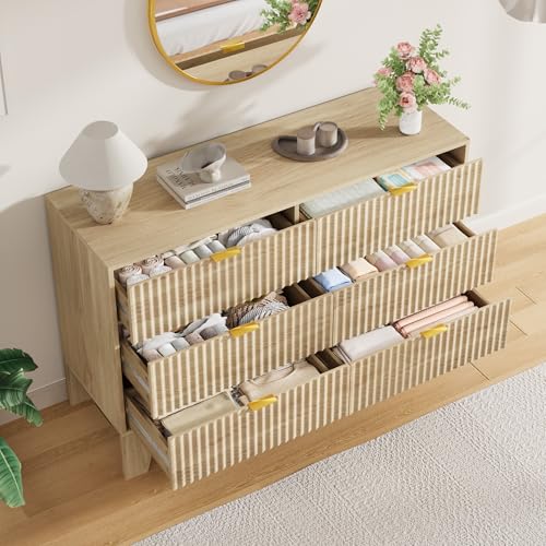 Image of Garvee 6 Drawer Dresser for Bedroom, 47 inch Wide Fluted Chest of Drawers with Metal Handle, Modern Wooden Dresser TV Stand, Clothes Storage Organizer Wood Closet for Hallway, Entryway, Natural Oak