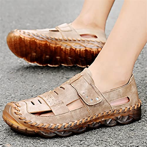Comfortable Handmade Men Sandals Genuine Leather Soft Men's Shoes Retro Sewing Casual Beach Shoes(Beige,45 Code)3