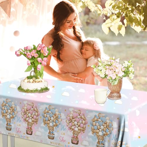 Image of Teddy Bear Gender Reveal Decorations, 3Pcs Bear Tablecloths Pink BlueTablecloths for He or She Gender Reveal Party Favors