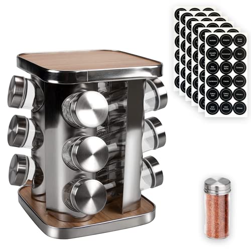 Revolving Countertop Spice Rack, 12 Jars Stainless Steel Rotating Seasoning Storage Organizer for Cabinet, Spice Carousel Tower for Kitchen