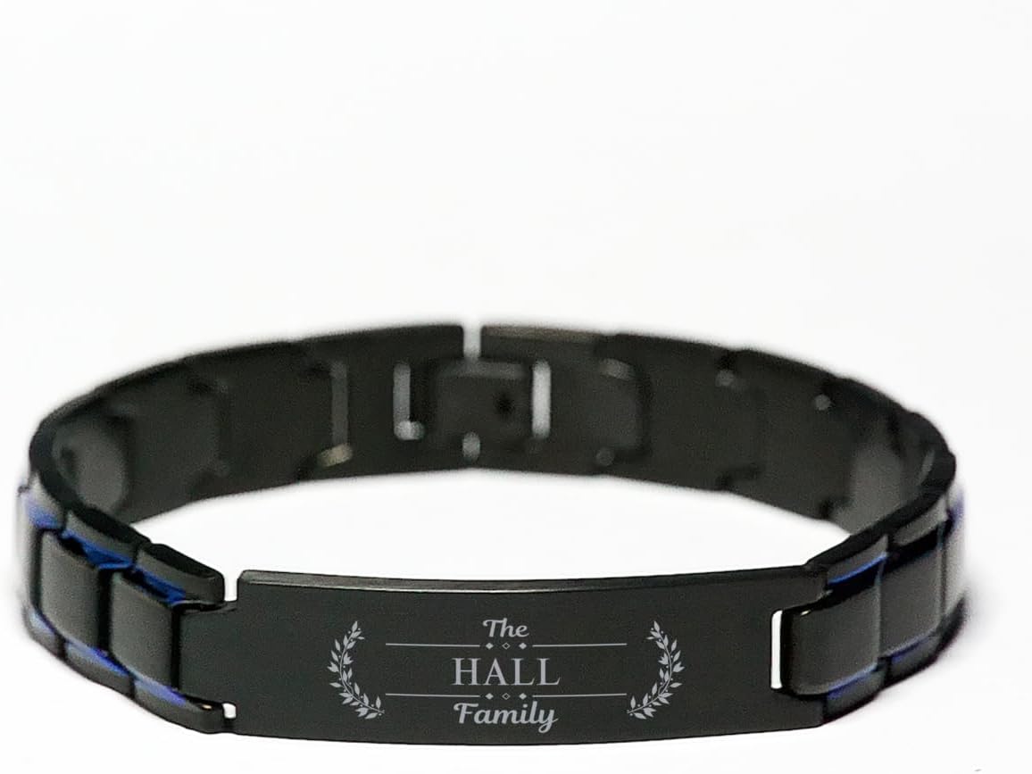 Hall Family Name Sign Blue Black Metal Bracelet - Custom ID Plate Last Name Bracelet Birthday Idea for Friends Men Women, Engraved Adjustable
