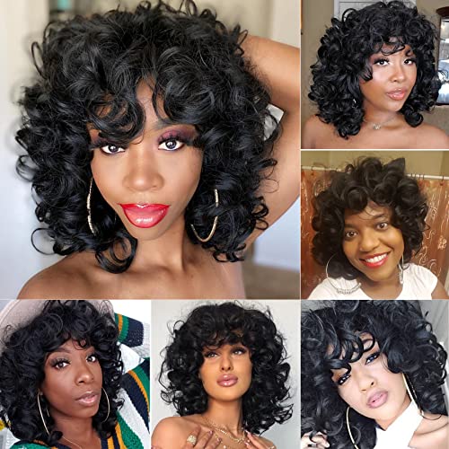 Keat Curly Wigs For Black Women Short Big Curly Kinky Wigs For Women Afro Wavy Black Wig With Bangs Cute Natural Synthetic Wigs For African American Women K001Bka #TOP4