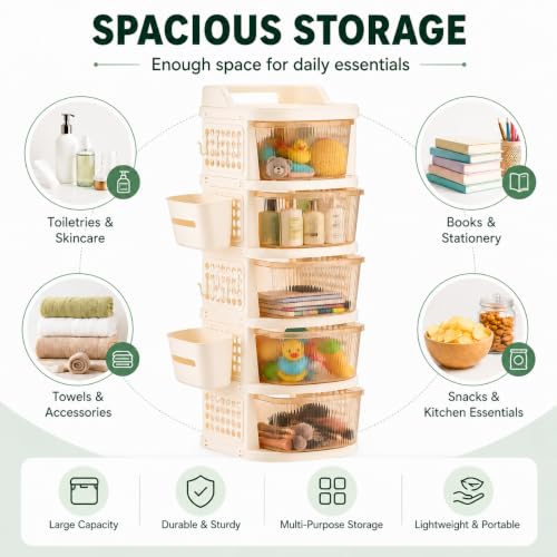 Image of Homeor 5 Tier Plastic Storage Drawer Cabinet with Wheels, Modular Chest of Drawers Organizer with Side Basket & Handle, Storage Trolley Rack for Home, Kitchen, Bedroom, Kids Room (Ivory Transparent)