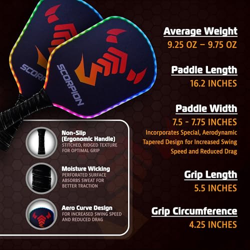 Image of SCORPION LED Pickleball Paddles Set of 2 or 1 - Lightweight Rackets with LED Edge Lighting | Carbon Fiber /Fiberglass /Wood Face | Durable Paddles for Women, Men, and Kids | Includes Bonus Accessories