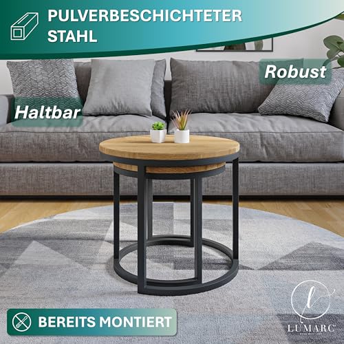 Lumarc Modena, Couchtisch 2er Set aus Massivholz Eiche und Stahl, Handgefertigt in Europa, Beistelltisch, Wohnzimmertisch, Coffee Table, Schwarz, Rund, Ø50x43 cm / Ø40x38 cm – Bild 6